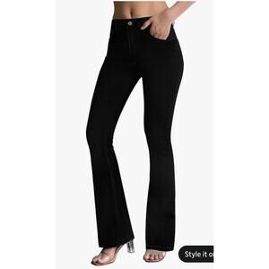 Roswear Black Stretch Flare Bootcut Denim Pants Curvy Fit Pockets Button Zip